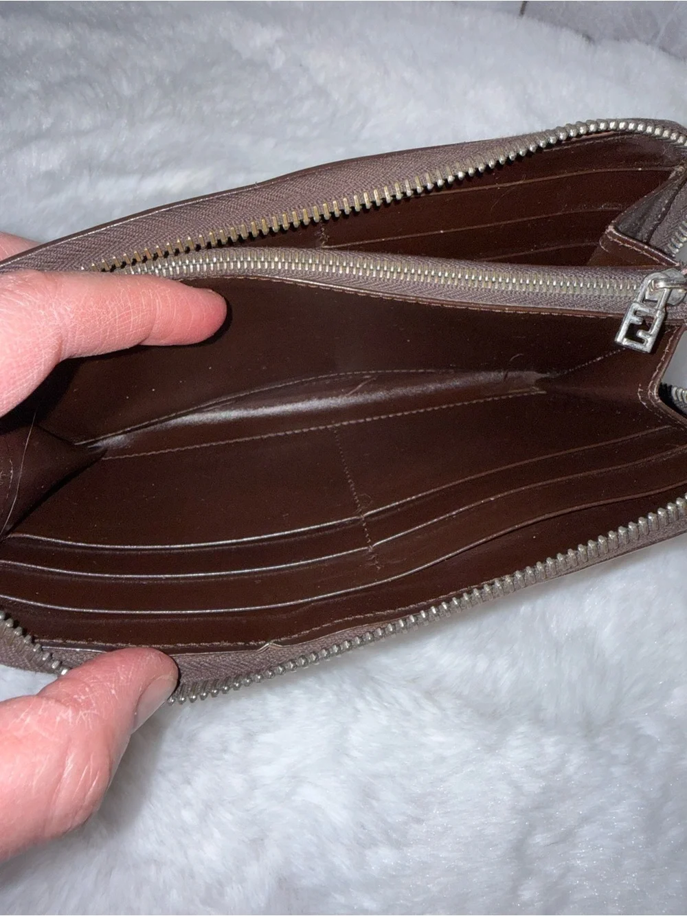Fendi Monogram Canvas and Leather Zip Wallet in Dark Brown with Silver Hardware